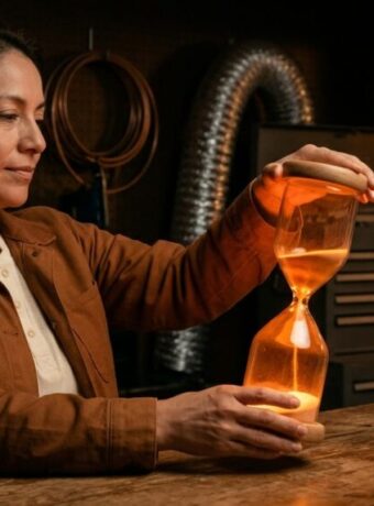Heating and cooling shop owner turns over a tall hourglass of glowing orange light beside a small spent grey hourglass, a picture of GPT-6.1 Terra's 30-minute cache clock