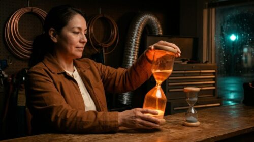 Heating and cooling shop owner turns over a tall hourglass of glowing orange light beside a small spent grey hourglass, a picture of GPT-6.1 Terra's 30-minute cache clock