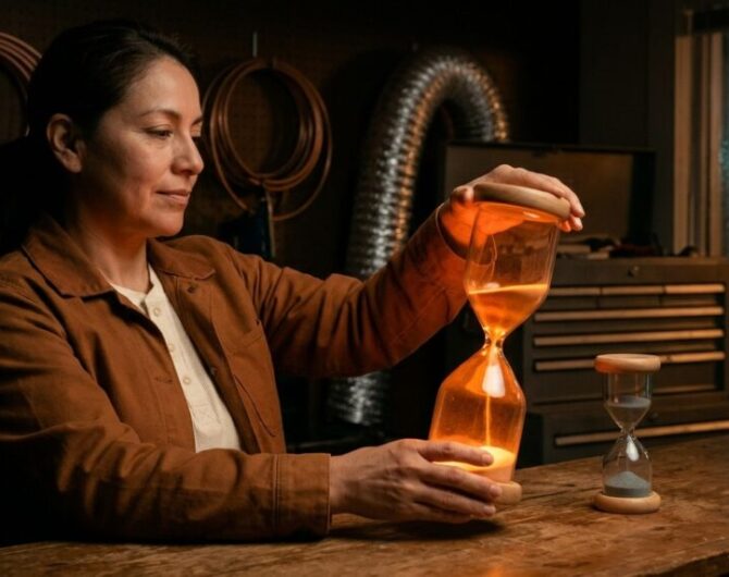 Heating and cooling shop owner turns over a tall hourglass of glowing orange light beside a small spent grey hourglass, a picture of GPT-6.1 Terra's 30-minute cache clock