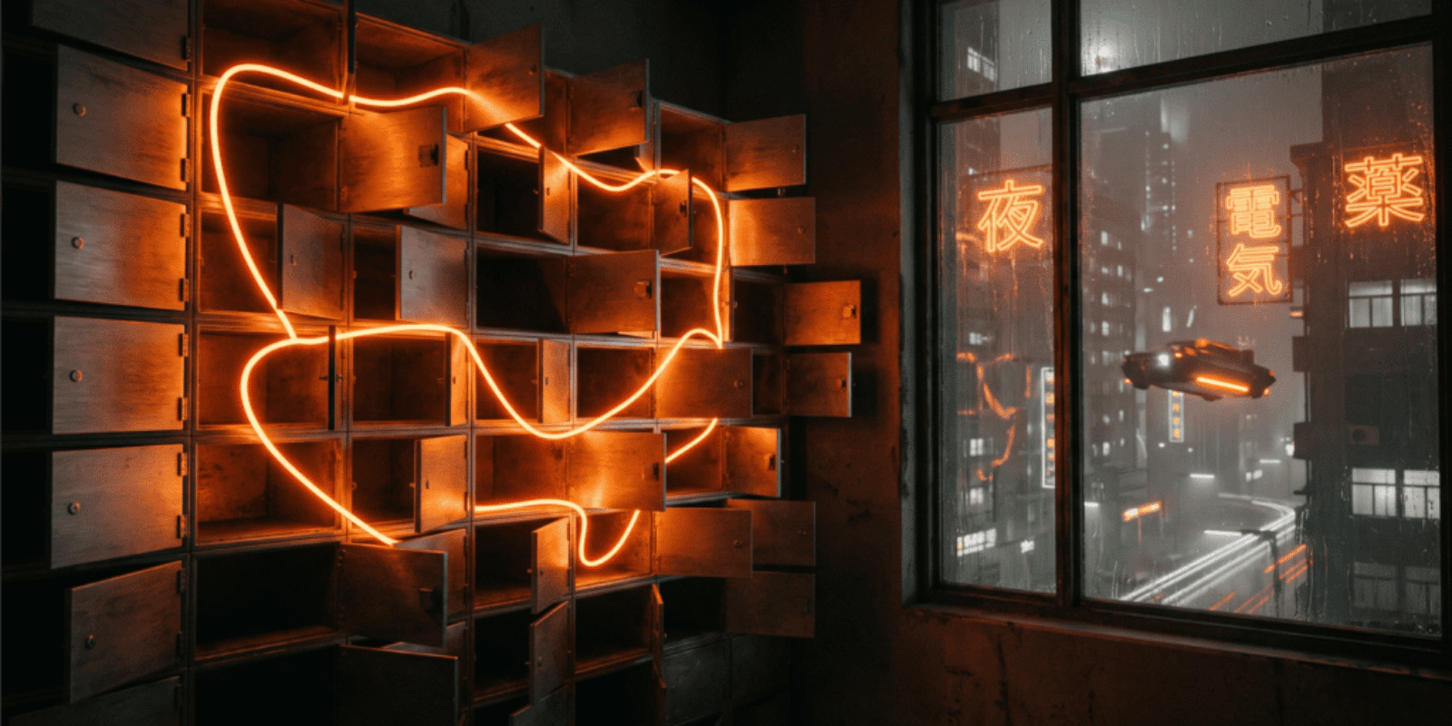 A wall of small steel deposit boxes with every door hanging open, one thread of orange light weaving through the compartments, a rainy neon city beyond the window