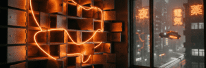 A wall of small steel deposit boxes with every door hanging open, one thread of orange light weaving through the compartments, a rainy neon city beyond the window