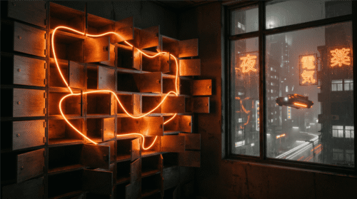 A wall of small steel deposit boxes with every door hanging open, one thread of orange light weaving through the compartments, a rainy neon city beyond the window