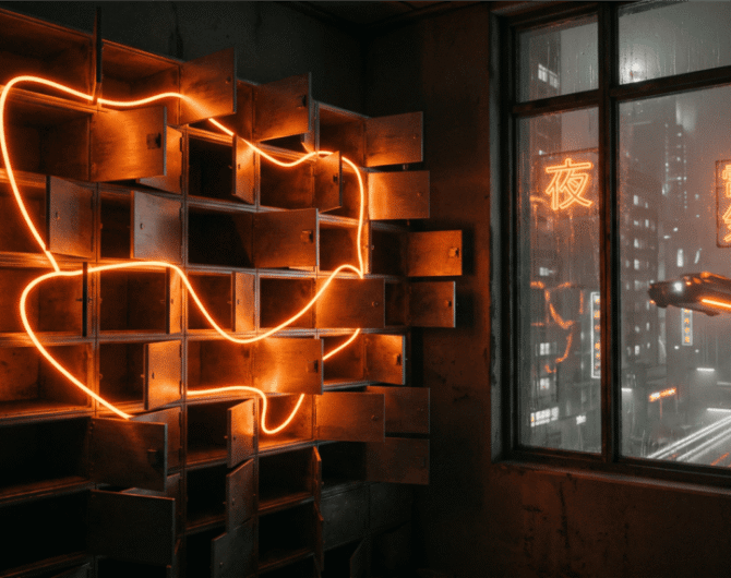 A wall of small steel deposit boxes with every door hanging open, one thread of orange light weaving through the compartments, a rainy neon city beyond the window