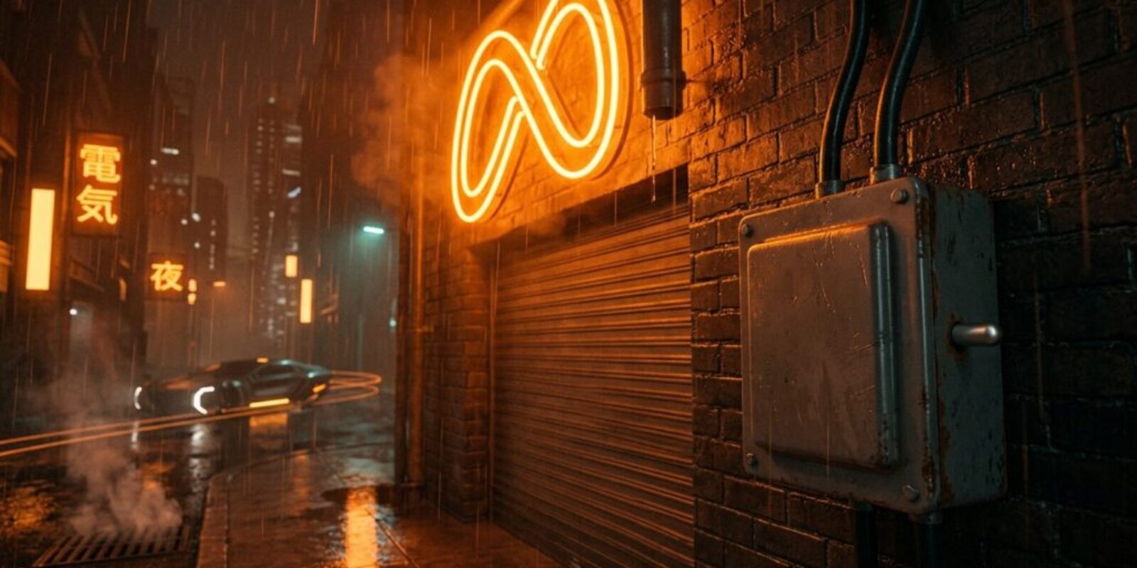 Orange neon Meta symbol blazing above a shop door in a rain-soaked cyberpunk alley, wired to a rusted switch box with no handle