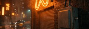 Orange neon Meta symbol blazing above a shop door in a rain-soaked cyberpunk alley, wired to a rusted switch box with no handle