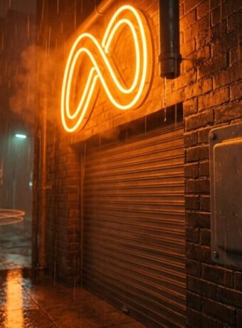 Orange neon Meta symbol blazing above a shop door in a rain-soaked cyberpunk alley, wired to a rusted switch box with no handle