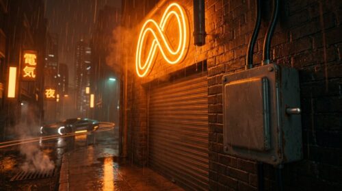 Orange neon Meta symbol blazing above a shop door in a rain-soaked cyberpunk alley, wired to a rusted switch box with no handle