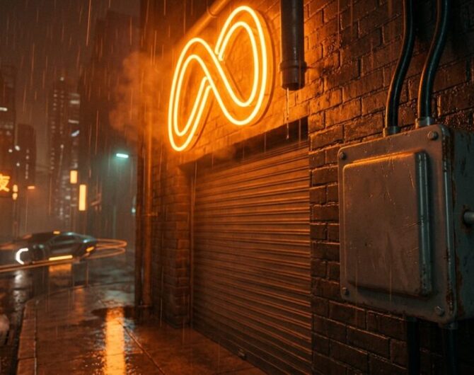 Orange neon Meta symbol blazing above a shop door in a rain-soaked cyberpunk alley, wired to a rusted switch box with no handle
