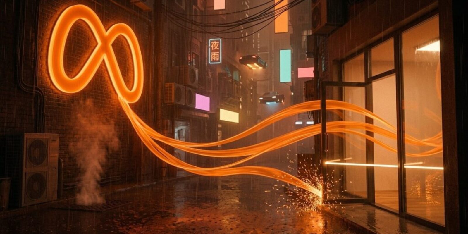 Neon AI symbol glowing in a futuristic city alley at night.