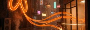 Neon AI symbol glowing in a futuristic city alley at night.