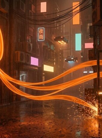 Neon AI symbol glowing in a futuristic city alley at night.