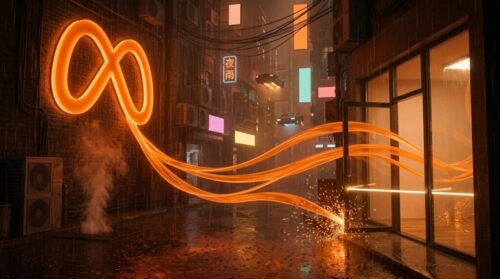 Neon AI symbol glowing in a futuristic city alley at night.