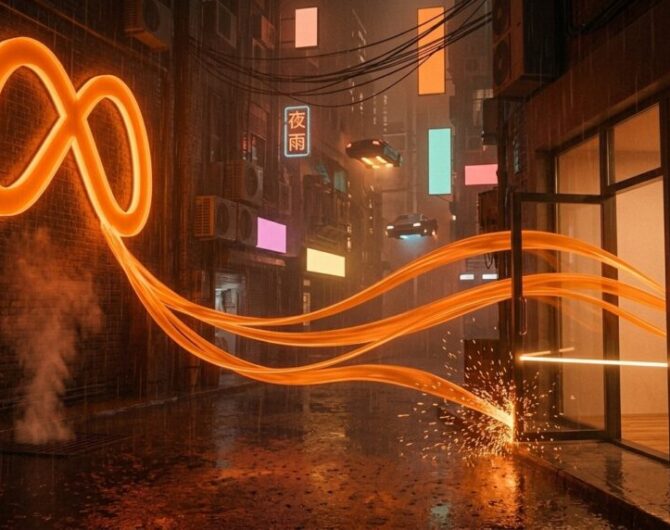 Neon AI symbol glowing in a futuristic city alley at night.