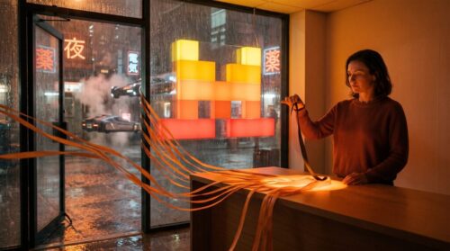 An office manager holds back one dark ribbon of light while the rest of the day's work streams out the door under a Mistral symbol sign