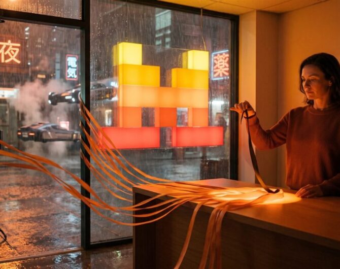 An office manager holds back one dark ribbon of light while the rest of the day's work streams out the door under a Mistral symbol sign