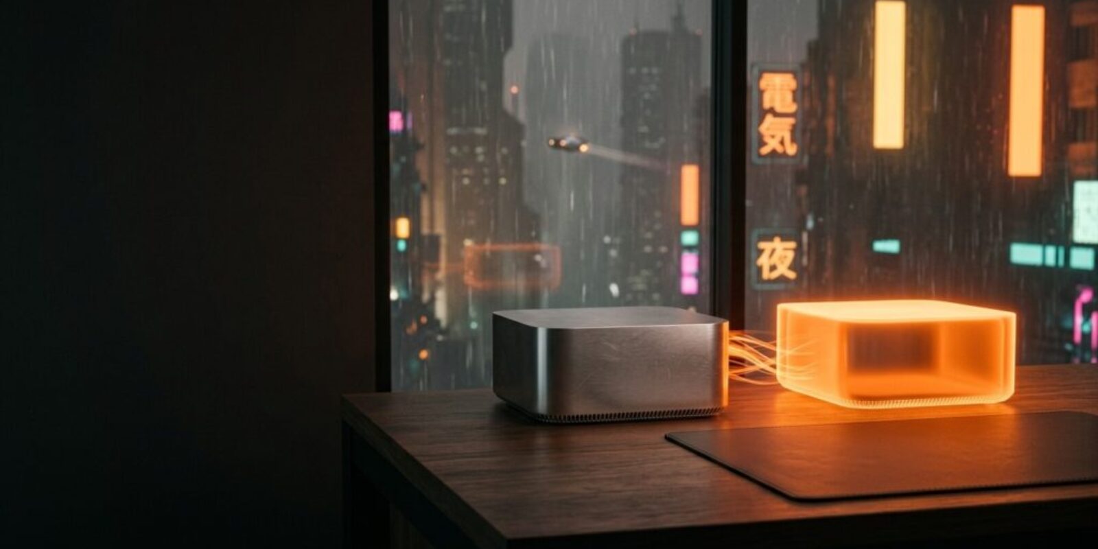 A blank aluminum desktop computer on a walnut desk streams orange light into an identical computer made entirely of light, with a rainy neon city behind the window