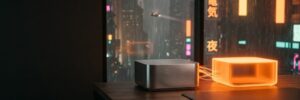 A blank aluminum desktop computer on a walnut desk streams orange light into an identical computer made entirely of light, with a rainy neon city behind the window