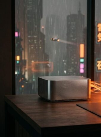 A blank aluminum desktop computer on a walnut desk streams orange light into an identical computer made entirely of light, with a rainy neon city behind the window