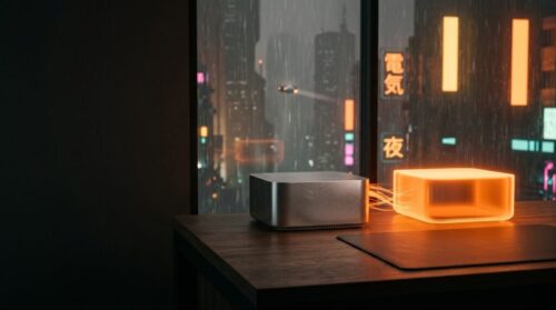 A blank aluminum desktop computer on a walnut desk streams orange light into an identical computer made entirely of light, with a rainy neon city behind the window