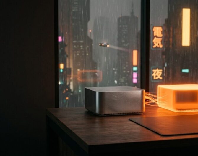 A blank aluminum desktop computer on a walnut desk streams orange light into an identical computer made entirely of light, with a rainy neon city behind the window