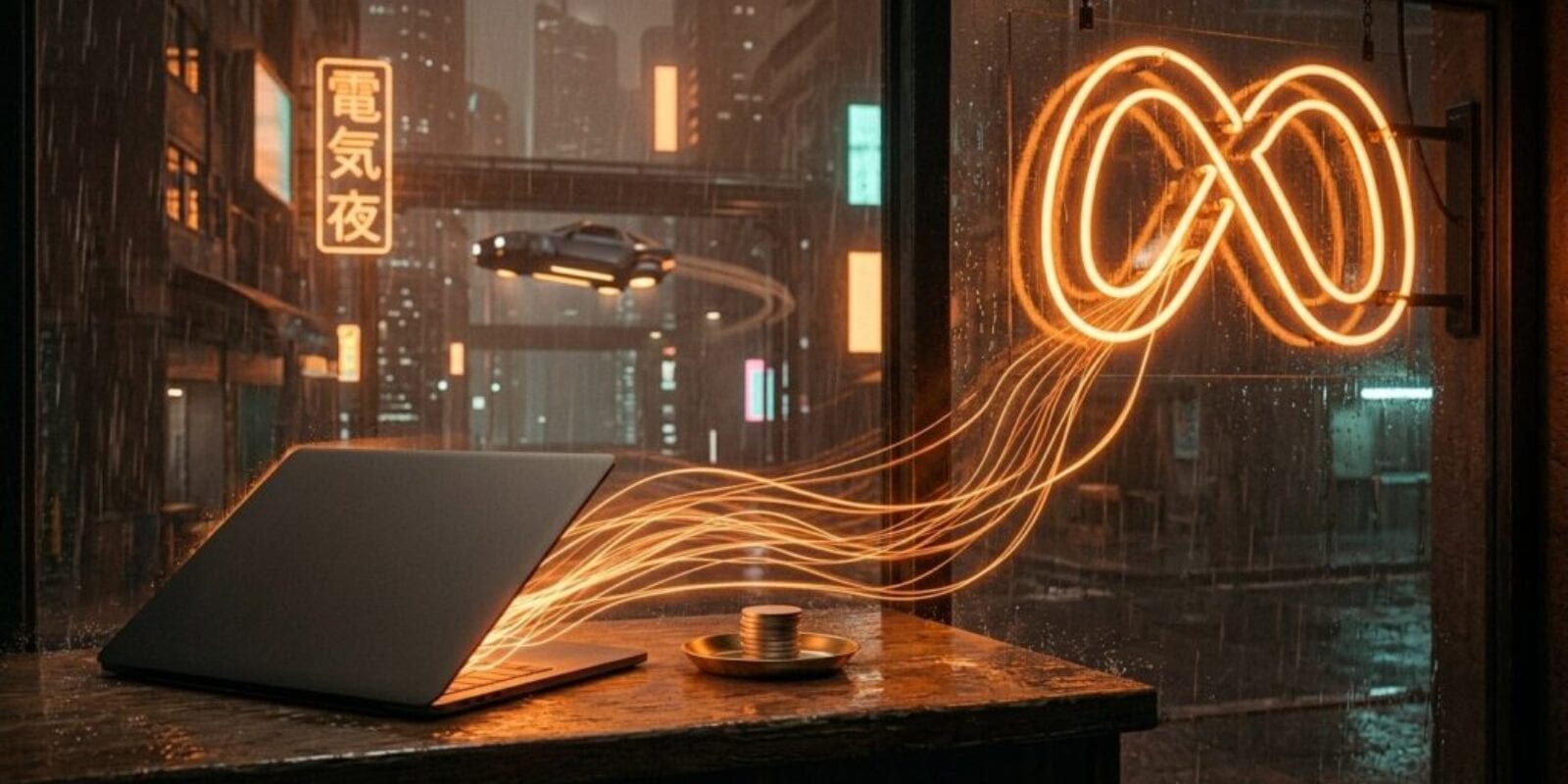 Ribbons of orange light stream from a closed laptop on a rain-wet shop counter into a neon Meta infinity sign in the window, while a small stack of coins sits untouched in a brass dish.