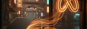 Ribbons of orange light stream from a closed laptop on a rain-wet shop counter into a neon Meta infinity sign in the window, while a small stack of coins sits untouched in a brass dish.