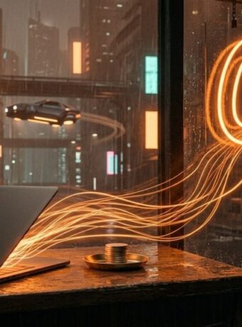 Ribbons of orange light stream from a closed laptop on a rain-wet shop counter into a neon Meta infinity sign in the window, while a small stack of coins sits untouched in a brass dish.