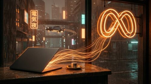 Ribbons of orange light stream from a closed laptop on a rain-wet shop counter into a neon Meta infinity sign in the window, while a small stack of coins sits untouched in a brass dish.