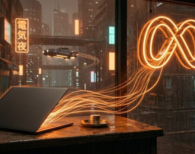 Ribbons of orange light stream from a closed laptop on a rain-wet shop counter into a neon Meta infinity sign in the window, while a small stack of coins sits untouched in a brass dish.