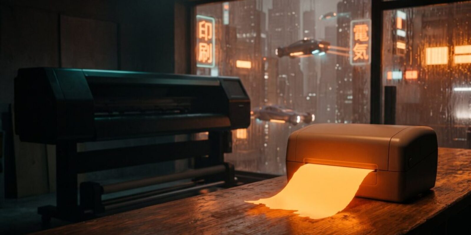 Advanced AI-driven printer printing on a wooden desk in a modern office.