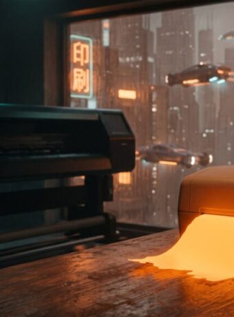 Advanced AI-driven printer printing on a wooden desk in a modern office.