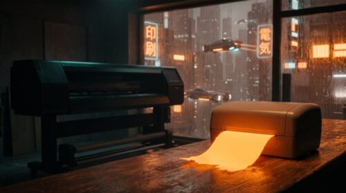 Advanced AI-driven printer printing on a wooden desk in a modern office.