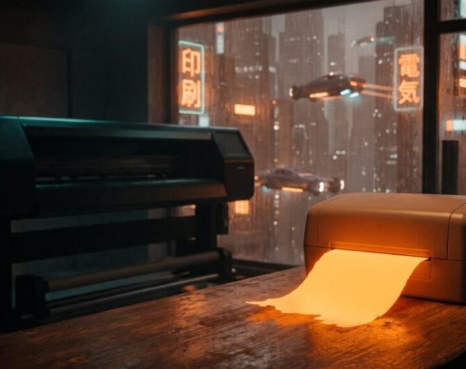 Advanced AI-driven printer printing on a wooden desk in a modern office.
