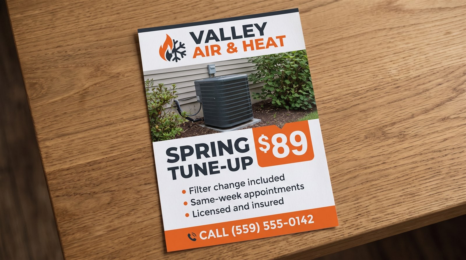 AI-generated test flyer for a made-up heating and air company, with correct text and a flame and snowflake emblem the prompt did not request