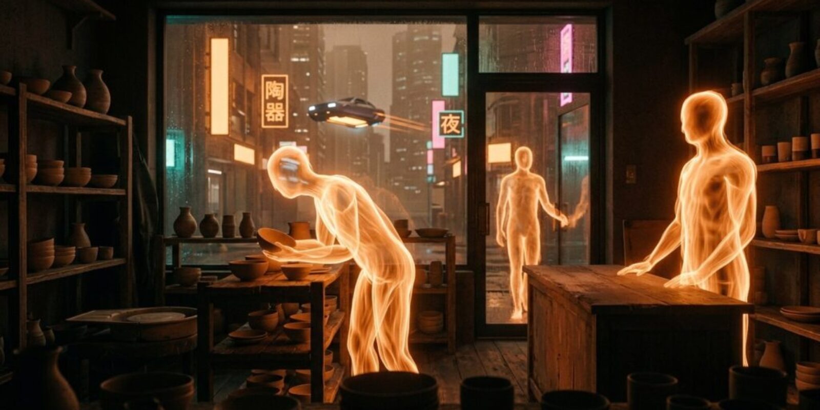 Shoppers made of orange light browse a small pottery shop after closing while a flying car passes the rainy neon city outside