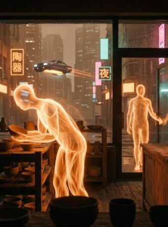 Shoppers made of orange light browse a small pottery shop after closing while a flying car passes the rainy neon city outside