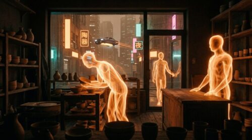 Shoppers made of orange light browse a small pottery shop after closing while a flying car passes the rainy neon city outside