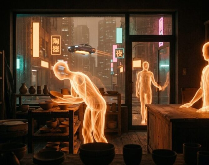 Shoppers made of orange light browse a small pottery shop after closing while a flying car passes the rainy neon city outside