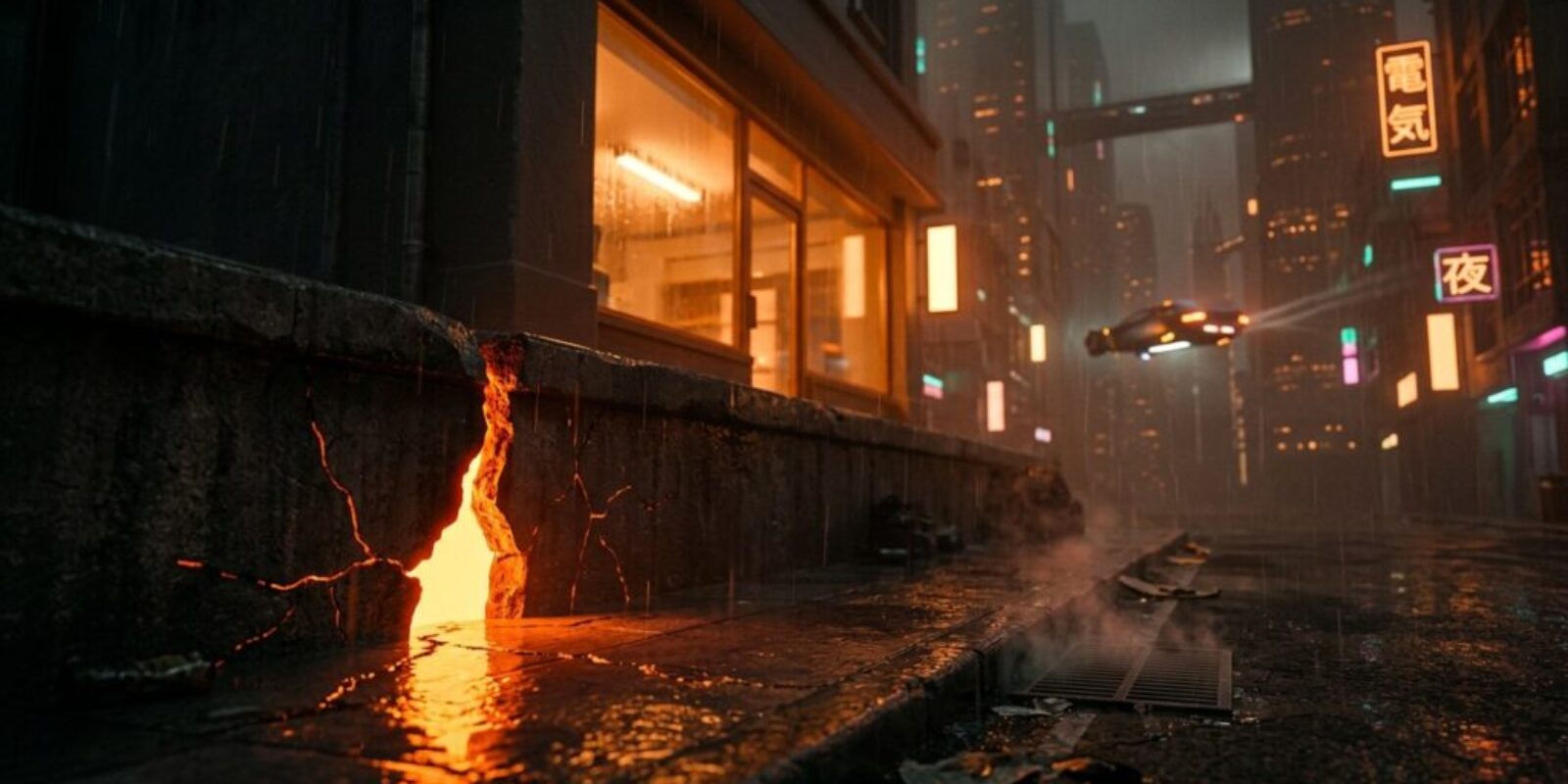 Futuristic city street with neon signs and rainy weather at night.
