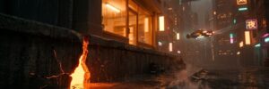 Futuristic city street with neon signs and rainy weather at night.