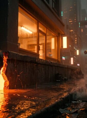 Futuristic city street with neon signs and rainy weather at night.