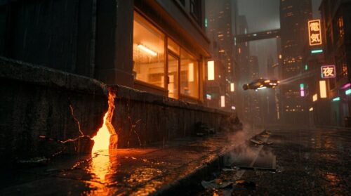 Futuristic city street with neon signs and rainy weather at night.