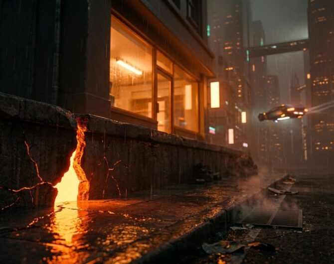 Futuristic city street with neon signs and rainy weather at night.