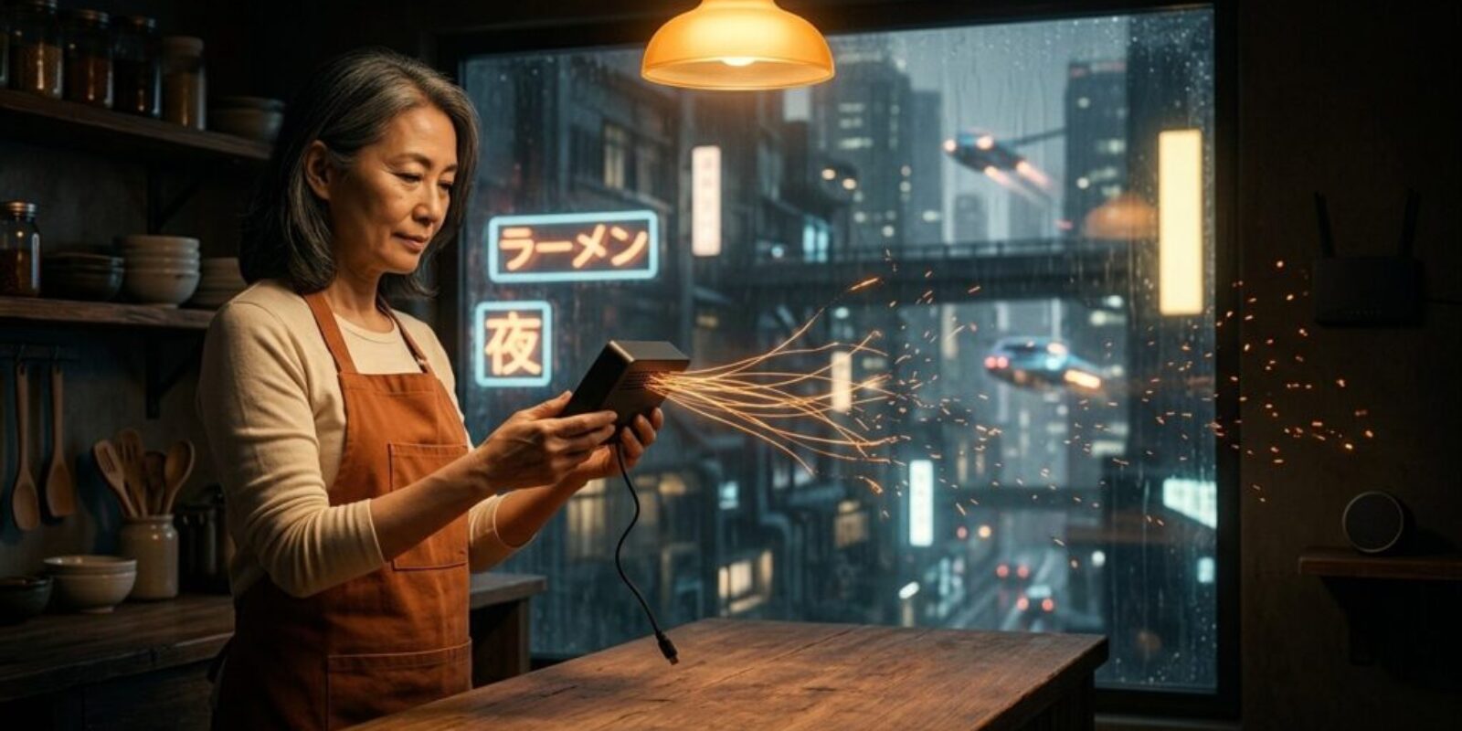 Restaurant owner lifting an unplugged off-brand streaming box as orange threads of light spreading from it toward the wall router break apart