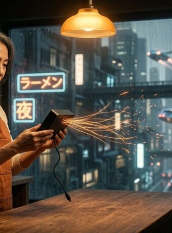 Restaurant owner lifting an unplugged off-brand streaming box as orange threads of light spreading from it toward the wall router break apart
