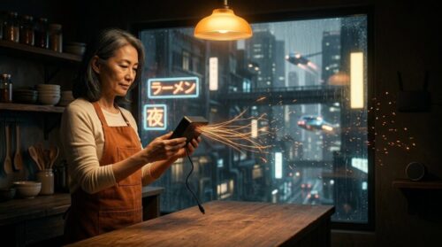 Restaurant owner lifting an unplugged off-brand streaming box as orange threads of light spreading from it toward the wall router break apart