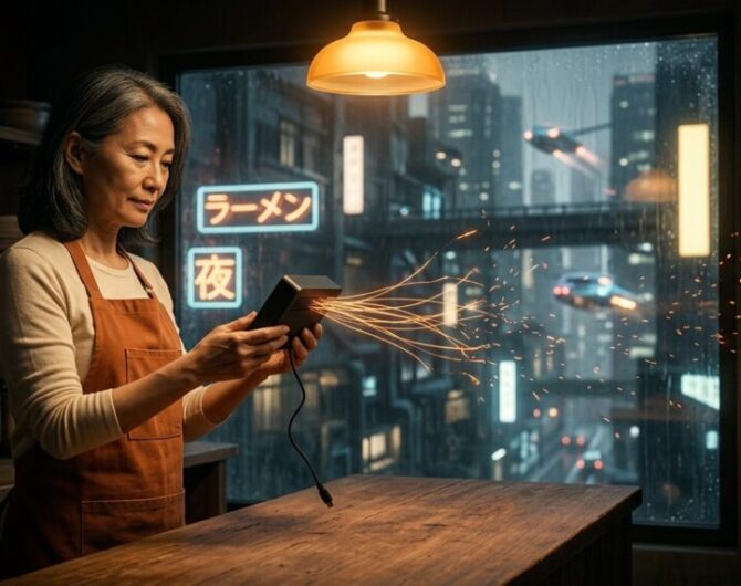 Restaurant owner lifting an unplugged off-brand streaming box as orange threads of light spreading from it toward the wall router break apart