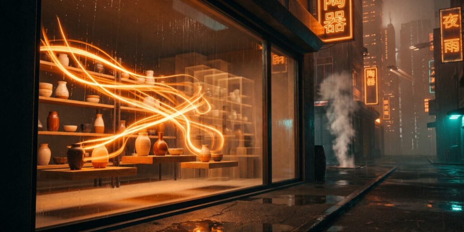 Shopify Canvas concept: ribbons of orange light rearrange a small ceramics shop's display at night, with faint ghost copies of its earlier layouts behind, like version history