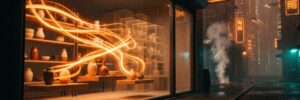 Shopify Canvas concept: ribbons of orange light rearrange a small ceramics shop's display at night, with faint ghost copies of its earlier layouts behind, like version history