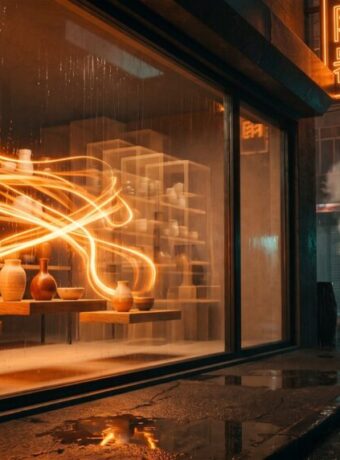 Shopify Canvas concept: ribbons of orange light rearrange a small ceramics shop's display at night, with faint ghost copies of its earlier layouts behind, like version history